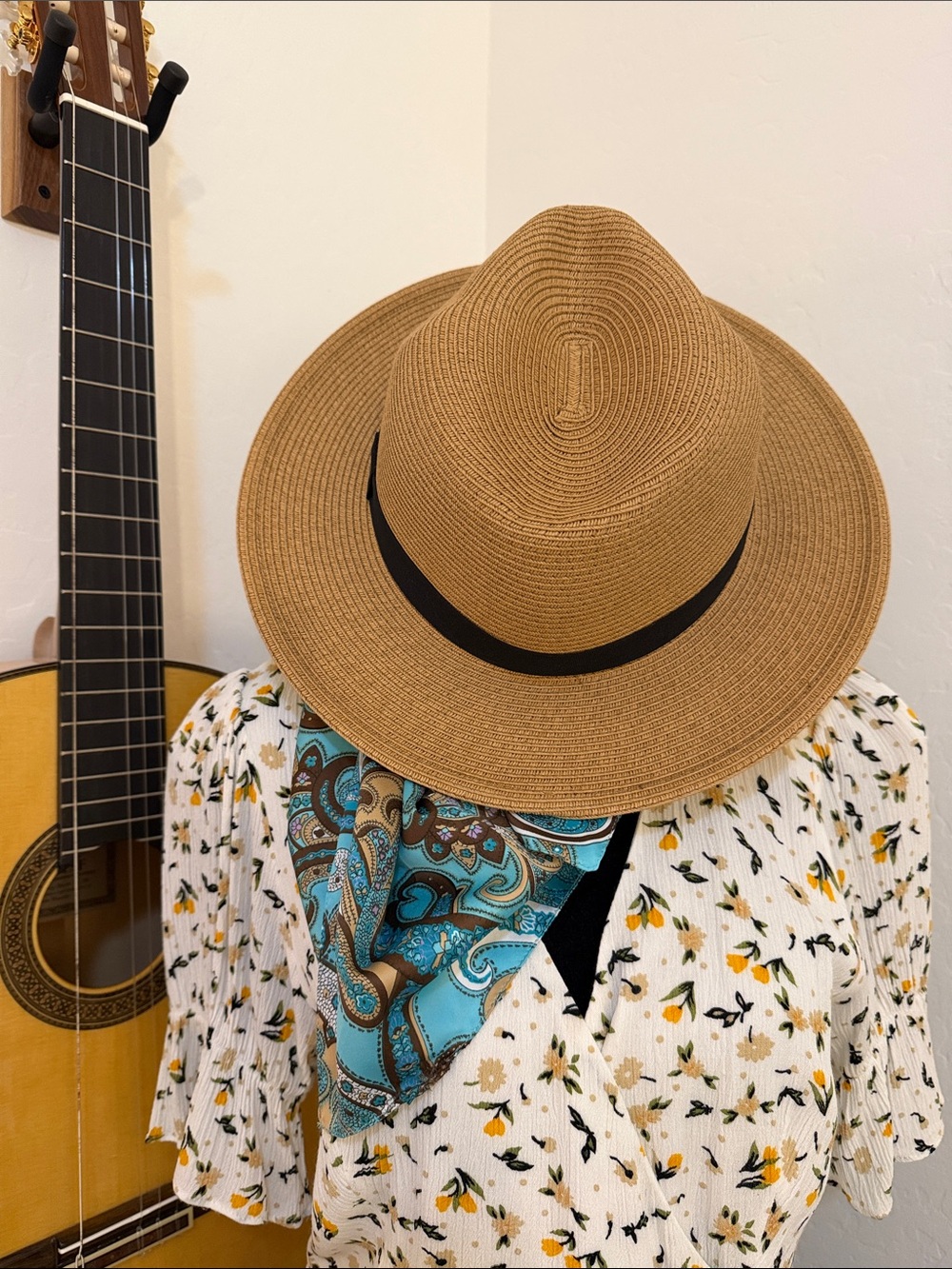 Women’s Tan Straw Fedora Hat with Black Band